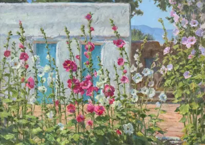Hollyhock Heaven de Taos, ©J. Chris Morel, 26x30 , oil